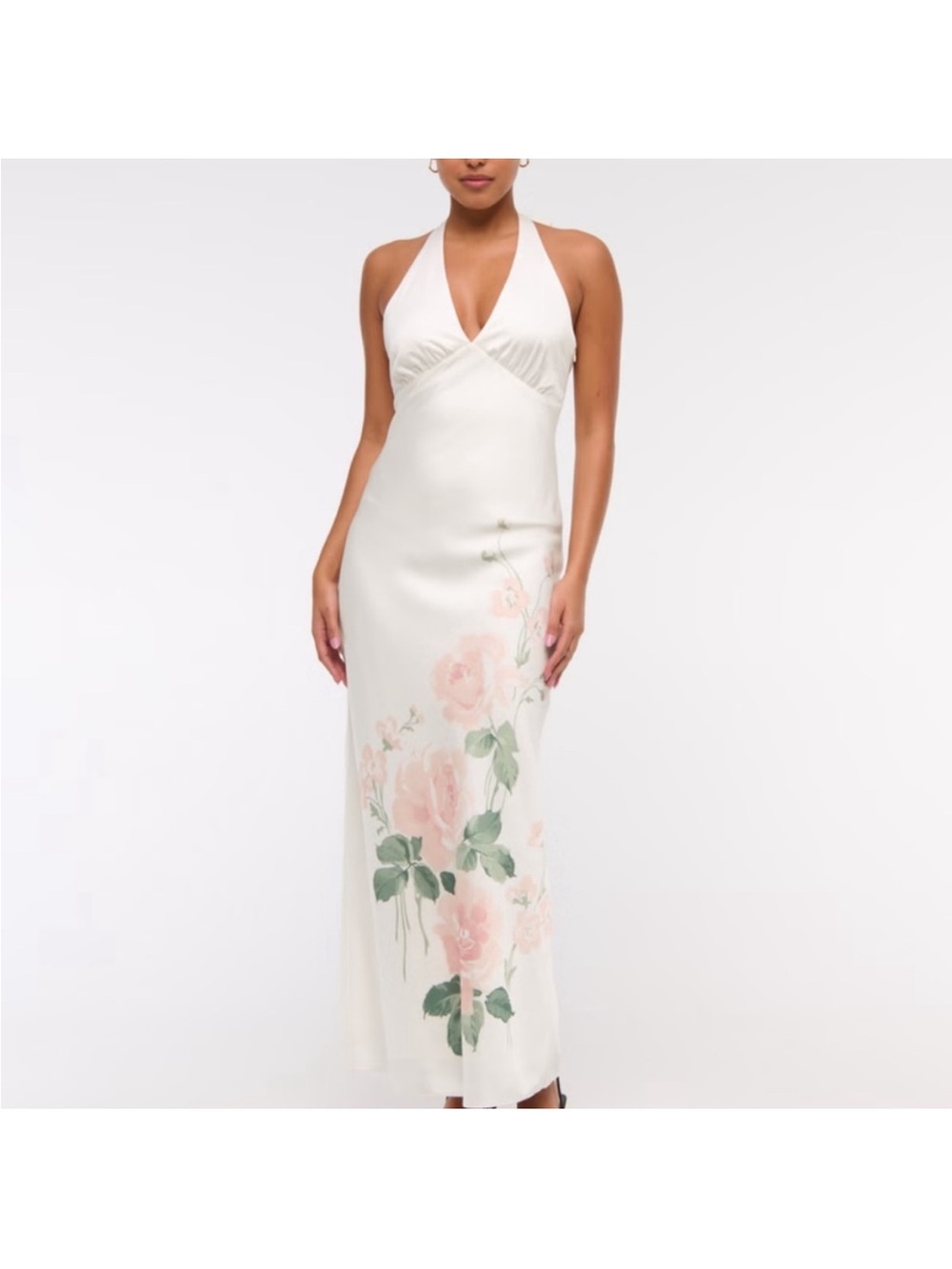 Abercrombie & Fitch Julia Slip Halter Maxi Dress Cream Floral Satin Large Tall